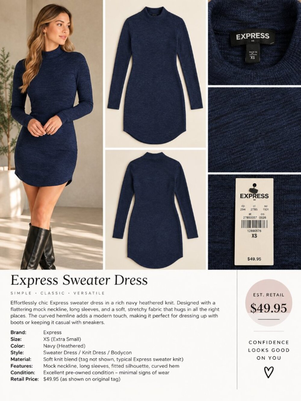 Express Navy Blue Mock Neck Sweater Knit Dress XS – NWT